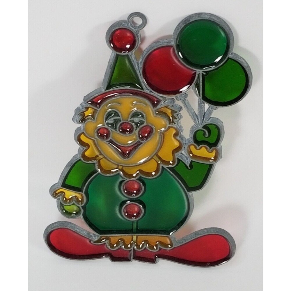 VINTAGE Suncatcher Clown With Balloons "Stained Glass" Window Hanger 4.5 inch